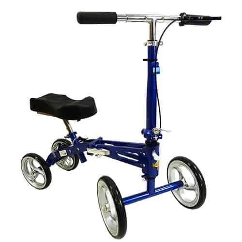 Front angled view of the blue and black deluxe knee walker, showing the knee padding, the four wheels and the brakes on the handle bar.