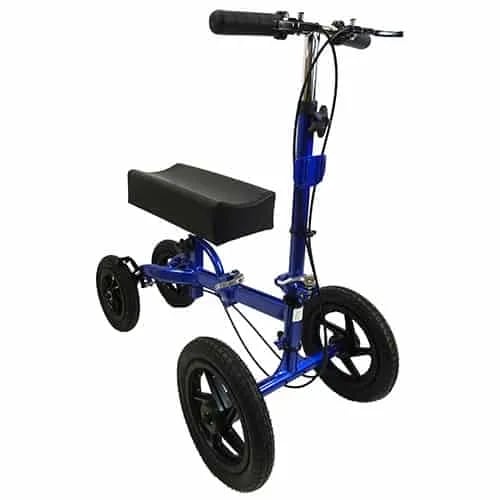 Side view of the blue and black outdoor knee walker, with the four tyres , steering handles and curved knee rest.