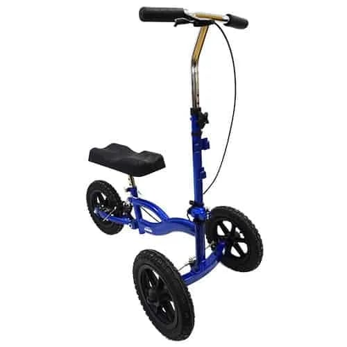 Dark blue and black 3-wheeled suspension knee walker with comfort knee rest and the handles slightly turned.